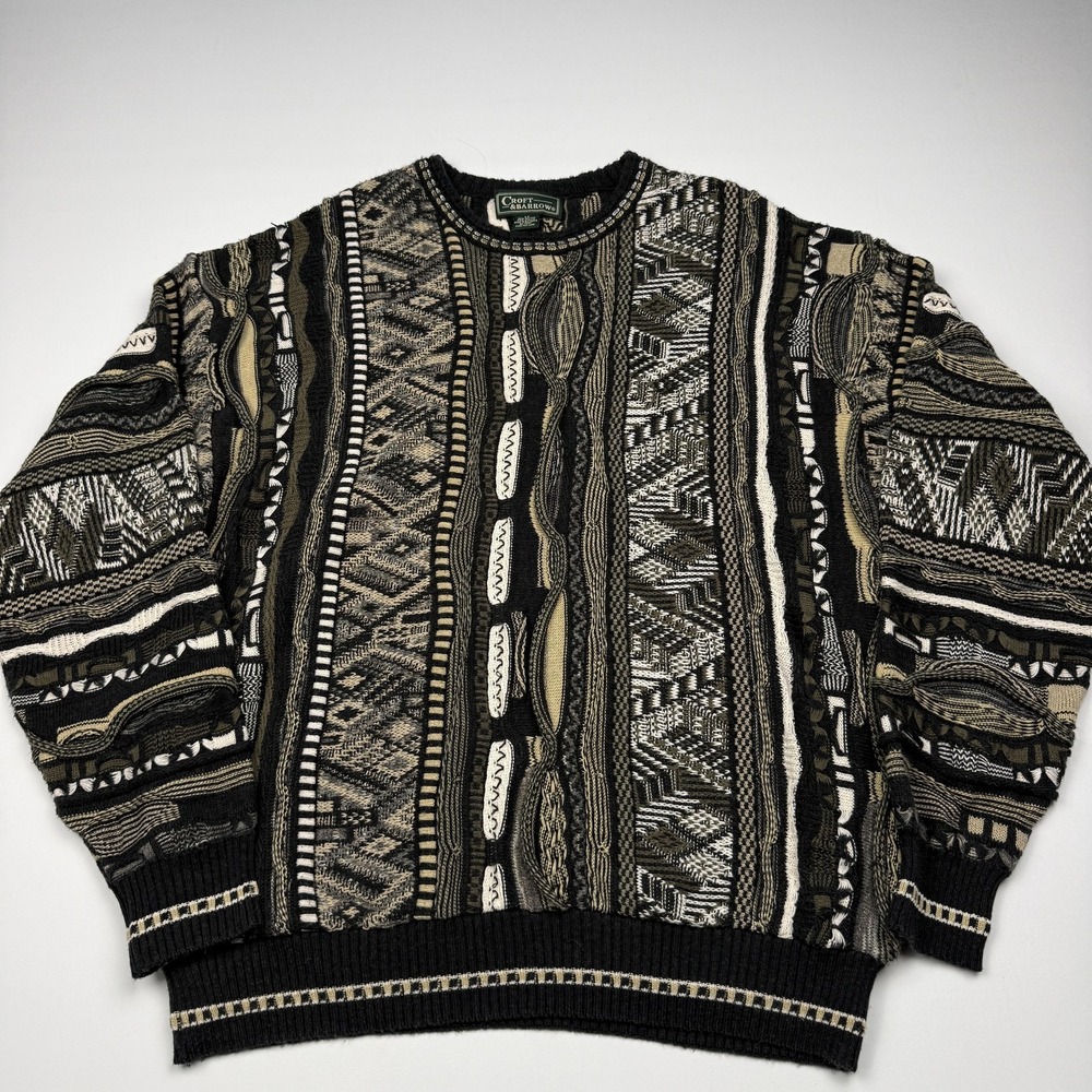 Croft & Barrow Sweater Mens LT Black Geometric Chunky Knit Crewneck Coogi Style